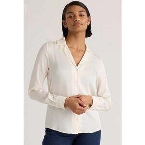 Quince Washable Stretch Silk Notch Collar Blouse button up ivory white XS FLAWS
